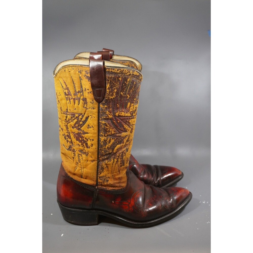 Vintage Sheplers Two Tone Cowboy Boots Mens 10.5D Black Cherry Yellow Distressed